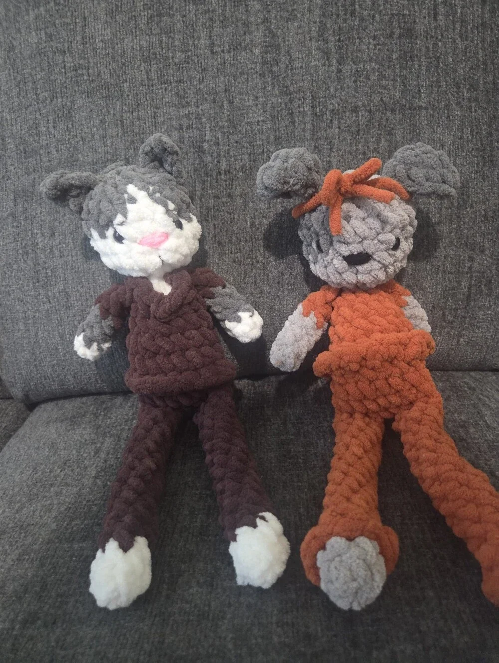Handmade Plush Cat and Mouse Set - Gray, Brown, Orange